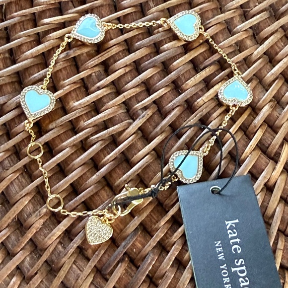 KATE SPADE BRACELET ⭐️TAKE HEART PAVE CRYSTAL- MINT ENAMEL CZ GOLD TONE-Pierced - Picture 9 of 16